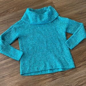 Lands end blue, green, white and pink chunky knit cowl neck boxy fit sweater S